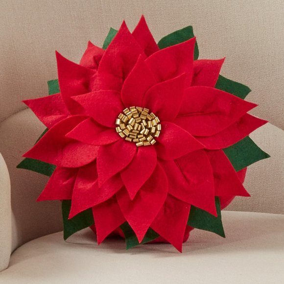 Felt Poinsettia Pillow Polly Filled, Polyester home decor decorative throw 13 in - Picture 2 of 2